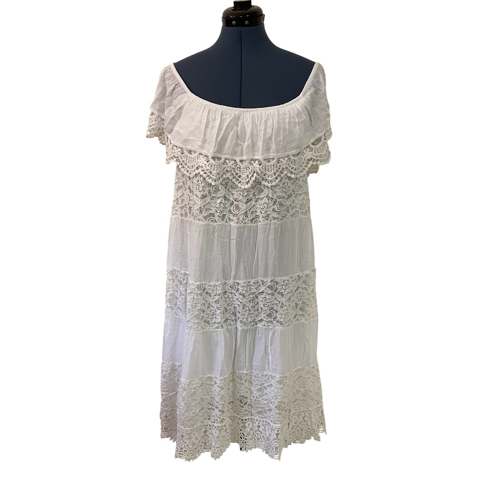 Vtg Boho White Lace Off Shoulder Tiered Midi Dress Cottage Ethereal Coquette M